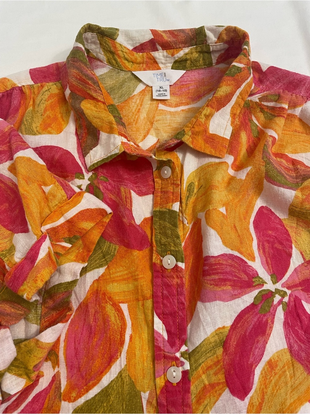 Time and Tru Tropical Floral Linen Blend Button Down Shirt Women’s XL 16-18